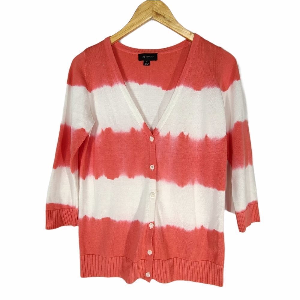 AB Studio Coral Striped Button Down Cardigan